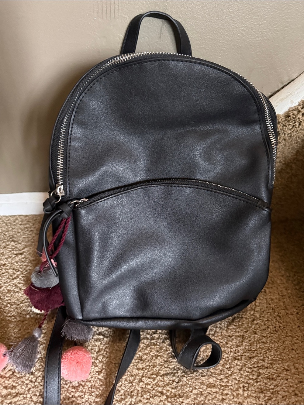 Arizona Black Faux Leather Mini Backpack with Pom Pom Charm